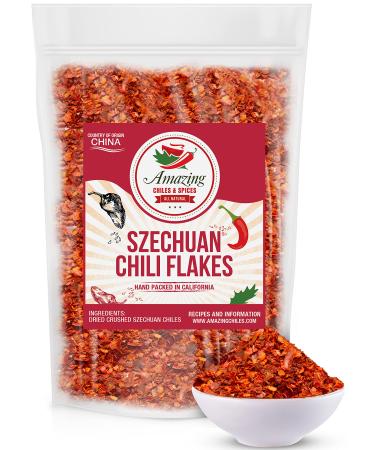 Sichuan Chili Flakes, 8 oz - Traditional Red Pepper Spices and Szechuan Seasoning for Thai, Korean, Mexican, and Asian Dishes, Authentic Medium Hot Flavor for Kimchi, Pizza, Tacos, or Oils by Amazing Chiles and Spices 8 Ou