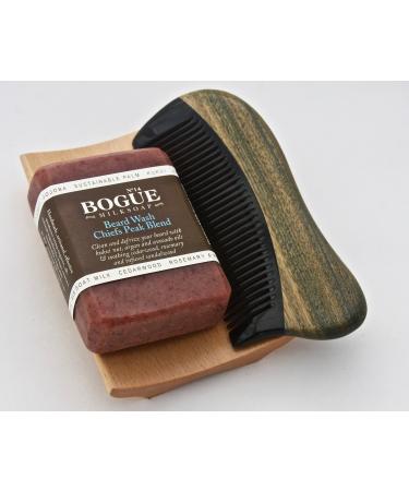 Beard Soap Grooming Giftset- BOGUE Chiefs Peak Blend Beard Wash-Clean & Defrizz w Avocado Argan & Vitamin E oils Soothing Cedarwood & Rosemary with Sandalwood comb and tray