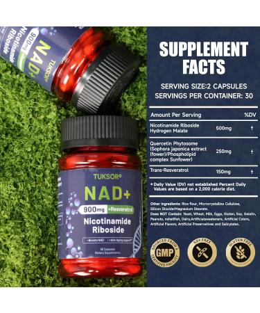 TUKSOR NAD+ Supplement Nicotinamide Riboside Liposomal Resveratrol Cellular Repair Supports Energy Aging Vitality Focus 60 Capsules - Buy Online on GoSupps.com