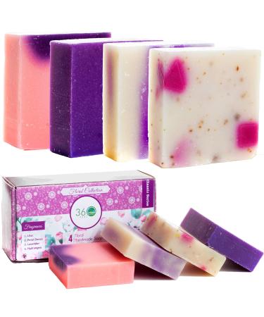 360Feel Floral 4 large Soap bar - Flower scents Lavender Lilac Hydrangea - Anniversary Wedding Gift Set - Handmade Natural Organic with Essential Oil Pink 5 Ounce (Pack of 4)