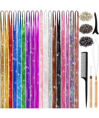 Hair Tinsel Kit (48 Inch 18 Colors  4320 strands)  Tinsel Hair Extensions with Tools  Heat Resistant Fairy Hair Tinsel Kit for Women Girls Hair Accessories