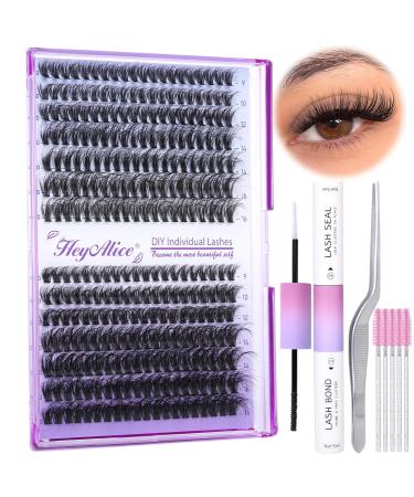 HeyAlice Fluffy Lash Extension Kit 280Pcs Eyelash Extension Kit D Curl Lash Clusters 40D+50D Individual Lashes Cluster Wispy Eyelashes Extension Kit with Lash Bond and Seal and Lash Tweezers(9-16mm)