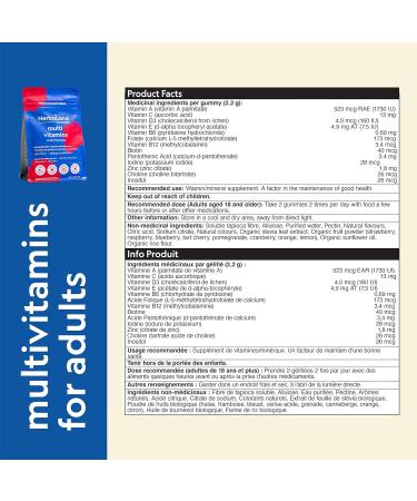 Herbaland Vegan Multivitamins Gummies for Adults - 90 Count Sugar-Free Organic Supplement with 13 Essential Vitamins - Vitamin A, C, D3, E, B6, B12, Zinc - Mixed Berry Flavor - Buy Online on GoSupps.com