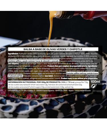 Chipotle sauce 100 ml. Sauce made with green olives and Chipotle pepper. Marinated green olive juice with a spicy touch of Chipotle. OLIQUIDA a new sauce created for olive lovers. - Buy Online on GoSupps.com