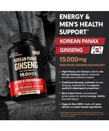 Panax Ginseng 15 000 mg - Red Korean Ginseng Supplement for Men - Extra Strength 10:1 Extract - Energy Focus Productivity & Performance - Natural & Vegan - Made in USA - 120 Capsules 2 Month Supply - Buy Online on GoSupps.com
