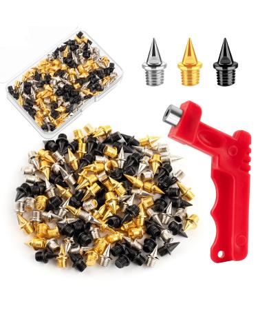 Homotte 1/4 inch Track Spikes Pyramid 120 Pieces Steel Spikes with Storage Box and Small Wrench Gold Silver and Black Mixed Spikes for Youth Track Athletes Running Cross Country Replacement