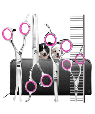 Dog Grooming Scissors Kit with Round Tip, Ecnocal Stainless Steel Titanium Coated Pet Grooming Trimmer Set, Thinning/Straight/Curved Shears, and Comb with Case for Small Pet Dog Cat Pink