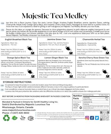 Majestic_ Tea | Majestic Medley| Combo Pack of 6 Premium Leaf Tea - Cherry Rose Jasmine (Green Tea) Orange Spice Lemon Ginger English Breakfast (Black Tea) & Chamomile (Herbal Tea )(35g each) Brews 50 Cups. - Buy Online on GoSupps.com