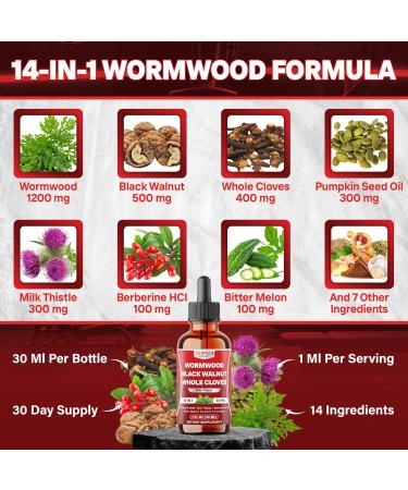14in1 Wormwood Tincture - Wormwood Black Walnut Clove Extract with Pumpkin Seed Oil Milk Thistle Berberine HCl Bitter Melon Turmeric Curcumin Ceylon Cinnamon & More - 30 Days Supply - 1 FL Oz - Buy Online on GoSupps.com