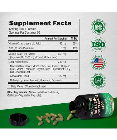 Mullein Leaf Extract 3500 mg 15-in-1 Lung Detox Supplement with Echinacea Oregano Quercetin & NAC Vegan Capsules & Tincture - USA Made Smokers Cleanse - Buy Online on GoSupps.com