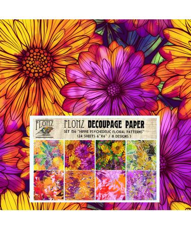 Decoupage Paper Pack (24 Sheets 6"x6") Hippie Psychedelic Floral Patterns FLONZ Vintage Styled Seamless Pattern Paper for Decoupage, Craft and Scrapbooking One