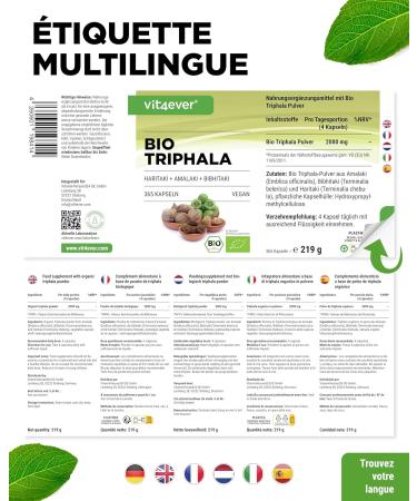 Triphala bio - Haute dose de 2000 mg (500 mg par g lule) - 365 g lules - Poudre de Triphala de l'Inde : Haritaki Amalaki Bibhitaki - Sans additifs - Vegan 500mg - Buy Online on GoSupps.com