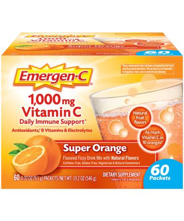 Emergen-C 1000mg Vitamin C Powder for Daily Immune Support Caffeine Free Vitamin C Supplements with Zinc and Manganese, B Vitamins and Electrolytes, Super Orange Flavor - 60 Count/2 Month Supply Orange 0.32 Ounce, 60 Count