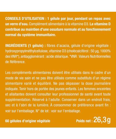 VITAMIN D3 100% Pure 2000 IU 1000% Daily Intake Bone & Teeth Health Immunity 60 Capsules Nutrimea Made in France - Buy Online on GoSupps.com