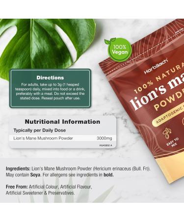 Lions Mane Powder 3000mg | High Strength Mushroom Supplement | 100g - Unflavoured | Vegan & Vegetarian | Horbaach - Buy Online on GoSupps.com