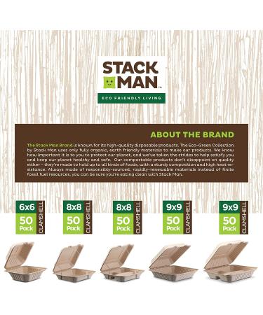 Stack Man 6x6 Compostable Clamshell Food Containers 50-Pack - Eco-Friendly Biodegradable Bagasse, Natural Disposable Take Out Containers - Heavy-Duty Quality To Go Containers - Buy Online on GoSupps.com