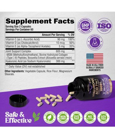 Hyaluronic Acid Supplements 1000 mg - Collagen | MSM | Boswellia | Vitamin D3 C & E - Hyaluronic Acid Capsules - Skin Hydratation & Joint Comfort Support - 7-in-1 Complex - Made in USA - 120 Capsules 120 Count (Pack of 1) - Buy Online on GoSupps.com