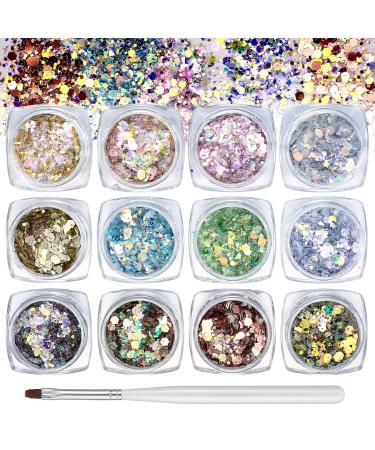 12 colors nail glitter glitter holographic sequins make-up glitter sequins glitter powder glitter iris flakes for face nails hair body festival decoration with nail brush - Buy Online on GoSupps.com