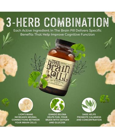 Organic Brain Pill 90 Capsules - Natural Brain Booster with Lions Mane, Ginkgo Biloba, Sage - Enhances Focus, Memory, Clarity - Energy Boosting Supplement - Buy Online on GoSupps.com