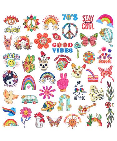 FANOST Glitter Hippie Temporary Tattoos for Kids  20 Sheets Assorted Groovy 70s Love and Peace Design Tattoos Stickers Waterproof Fake Tie Dye Temporary Tattoos for Girls Body Decoration Party Favors