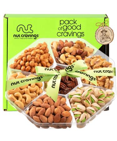 Mixed Nuts Gift Basket + Green Ribbon (7 Assortments, 1.8 LB) Holiday Christmas Gourmet Bouquet Arrangement Platter, Birthday Care Package, Healthy Food Tray Kosher Snack Box for Adults Men Women All Occasion - Deluxe
