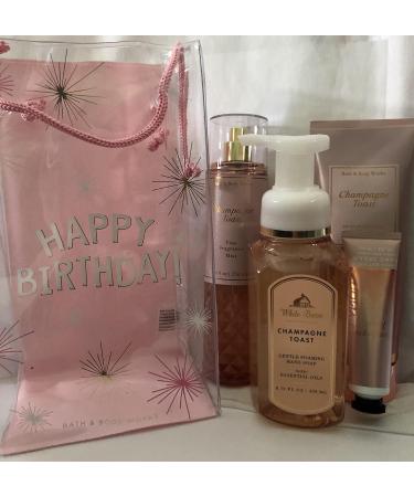 Bath and Body Works Happy Birthday Champagne Toast Gift Bag Set Full Size Body Cream Fragrance Mist Gentle Foaming Soap and Hand Cream