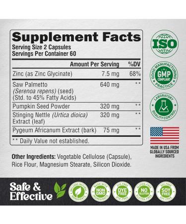 Saw Palmetto for Men 640mg - Pumpkin Seed | Nettle | Zinc & Pygeum - Prostate Health & Urinary Supplement - DHT Blocking & Hair Support - 45% Fatty Acids Clinical Strength - Made in USA 120 Capsules 120 Count (Pack of 1) - Buy Online on GoSupps.com