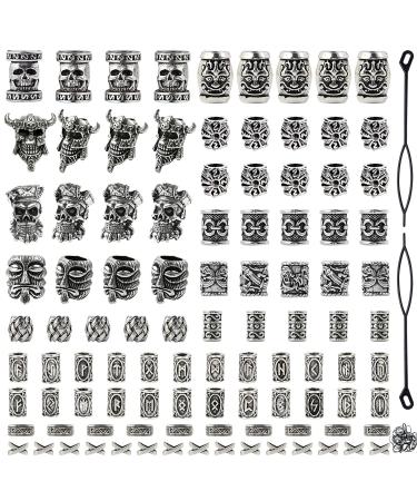 Showgeous 100 Pcs Viking Beard Beads Antique Norse Vikings Runes Hair Tube Beads Pirate Skull Dreadlocks Beads Silver Dreadlocks Beads for Hair Braiding Bracelet Necklace DIY Jewelry Hair Decoration
