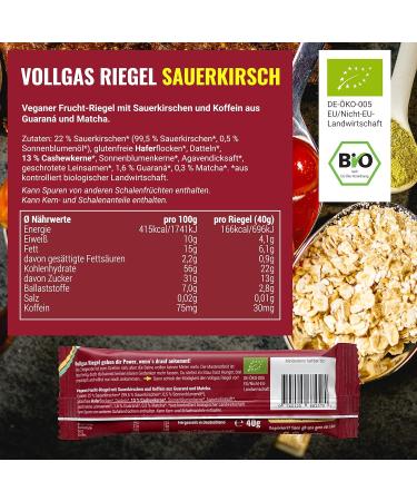 Vollgas Riegel Sauerkirsch - Vegan Organic Energy Bar with 30mg Caffeine | Gluten-Free Sports Bars for Cycling Running Hiking - 20 Pieces - Buy Online on GoSupps.com