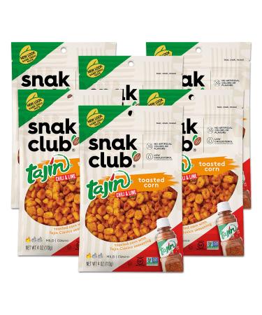 Snak Club Toasted Corn, Tajin Clasico Chili & Lime Flavored, Crunchy, Flavorful Low-Cholesterol Snacks in Resealable Bag, 4oz (Pack of 6) 4 Ounce (Pack of 6)