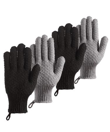 CLEEDY Bath Exfoliating Gloves Scrub - 4 Pcs (2Pairs) Lengthened and Large Exfoliating Scrubbing Gloves for Shower, Spa, Massage - Scrub Exfoliating Mitts for Body, Face, Hand and Foot (black and gray)