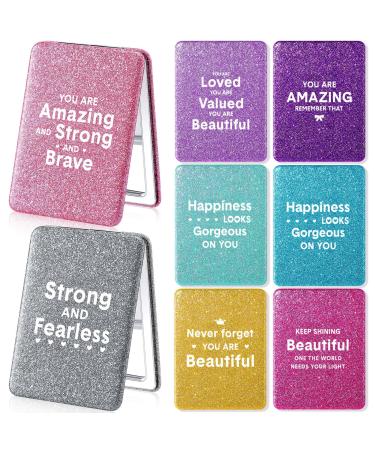 Panelee 8 Pcs Inspirational Compact Mirror Glitter Square Birthday Gifts for Women 1X/ 2X Double Sided Cosmetic Pocket Mirror Folding Pu Leather Small Mirror for Purse for Friend Female