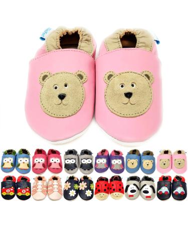 MiniFeet Premium Soft Leather Baby Shoes - BUY 4 PAIRS & GET 1 OF THEM FOR FREE ! - Toddler Shoes - 0-6 Months to 4-5 Years 12-18 Months Pink Bear
