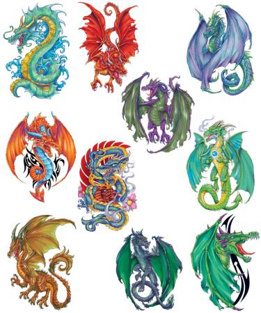 Fantasy Dragons Temporary Tattoos  Set of 10 Colorful Dragon Tattoos