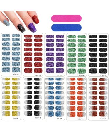 160 Pcs Gradient Color Nail Polish Strips Stickers Full Wraps  HOINCO Glitter Nail Wraps Solid Art Stickers  Self-Adhesive Gradient Color Full Nail Wraps Solid Color with 2 Manicure Nail Files Rianbow-10p