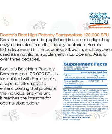 Doctor's Best High Potency Serrapeptase 120,000 SPU - 90 Vegan Capsules for Pain & Inflammation Relief - Buy Online on GoSupps.com