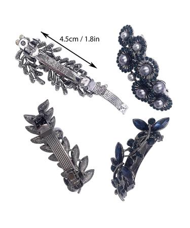 Vintage Silver French Barrette Set with Rhinestone & Pearl Detail - 4PCS Hair Clip Accessories for Women - Buy Online on GoSupps.com