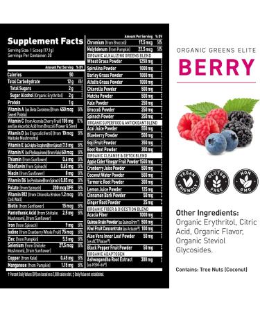 Kaged Organic Greens Elite Superfood and Greens Powder with Apple Cider Vinegar Adaptogen Prebiotics Vitamins & Minerals Berry 30 Servings Berry (Elite) - Buy Online on GoSupps.com