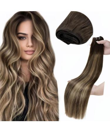 Laavoo long real hair extensions brown hair jaws real hair extensions ombre dark brown caramel blonde weave extensions remy human hair 100g #4/27/4 55cm 1.13 #4/27/4