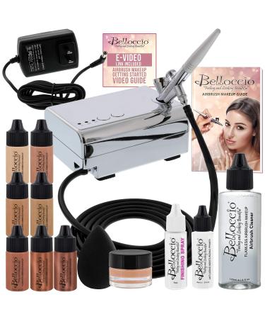 Belloccio Professional Beauty Airbrush Cosmetic Makeup System with 4 Medium Shades of Foundation in 1/4 Ounce Bottles - Kit Includes Blush, Bronzer and Highlighters Kit 4 Medium Shades