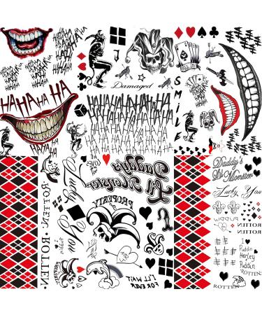 FIYACHY 6 Sheets Joker Tattoos Suicide Squad Harley Quinn  3 Sheets The Joker Temporary Tattoo Stickers Face Hand Men Women Adult  3 Sheets Prisoner Harley Quinn Tattoos Birds of Prey Halloween Makeup