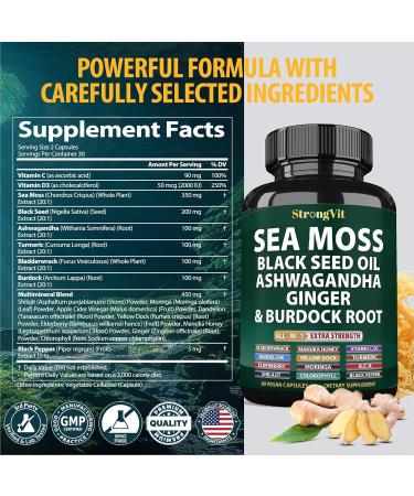 Sea Moss Black Seed Oil Ashwagandha Ginger Organic Sea Moss Capsules with Burdock Root Irish Seamoss Pills with Bladderwrack Advanced Multimineral Supplement USA 60 Count (Pack of 1) - Buy Online on GoSupps.com