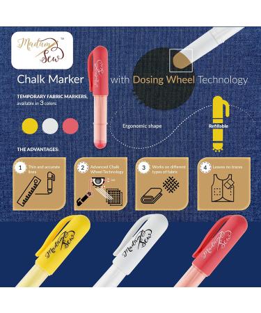 Madam Sew Chalk Fabric Marker for Sewing, Quilting & Crafting - White Tailors Liner Pen with Dosing Wheel Technology - Creates Consistent Erasable Lines - Works on All Fabrics - Buy Online on GoSupps.com