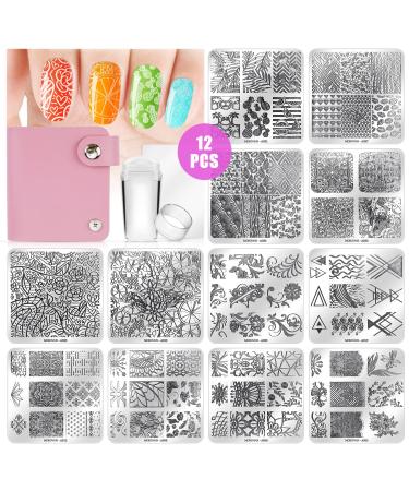 Morovan Nail Stamper Kit 12pcs Nail Stamping Plate 1 Clear Silicone Nail Stamper 2 Nail Scraper 1 Storage Bag Nail Art Stamper Nail Design Tools