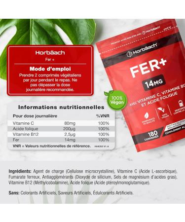 Iron Food Supplement with Folic Acid Vitamin B12 and Vitamin C | 14mg | 180 Vegan Capsules | Iron Supplement Tablets | Immune System Supplement | by Horbaach - Buy Online on GoSupps.com