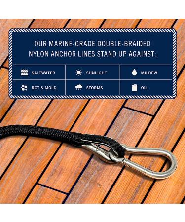 Rainier Supply Co. Boat Anchor Line - 50 ft x 1/4 inch Anchor Rope - Double Braided Nylon Anchor Boat Rope with 316SS Thimble and Heavy Duty Marine Grade Snap Hook - Black 50' x 1/4" Black - Buy Online on GoSupps.com