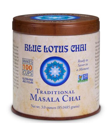 Blue Lotus Chai - Traditional Masala Chai - Makes 100 Cups - 3 Ounce Masala Spiced Chai Powder with Organic Spices - Instant Indian Tea No Steeping - No Gluten 3 Ounce (Pack of 1)