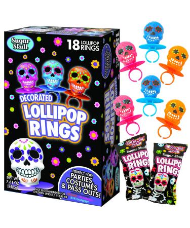 Halloween Day of the Dead Sugar Skull Lollipop Rings, Box of 18 7.61 Ounce (Pack of 1)