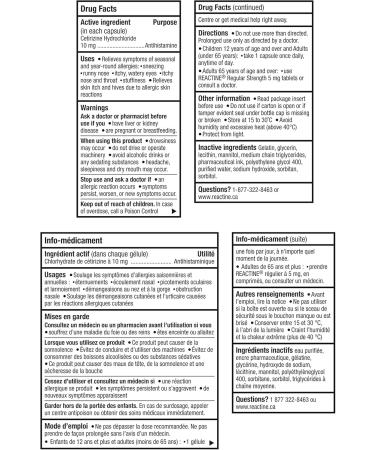 Reactine Extra Strength Antihistamine Liquid Gel Pills - 10mg Cetirizine Hydrochloride - Allergy Relief Medicine - 40 Count - Buy Online on GoSupps.com