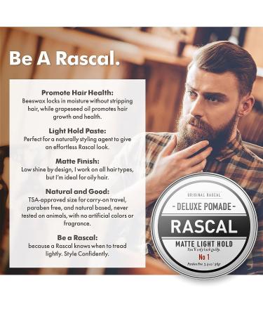 Rascal Deluxe Pomade No 1 - Matte Low Shine Light Hold Paste with Beeswax & Grapeseed Oil - TSA Friendly Container - 3.4oz - Buy Online on GoSupps.com